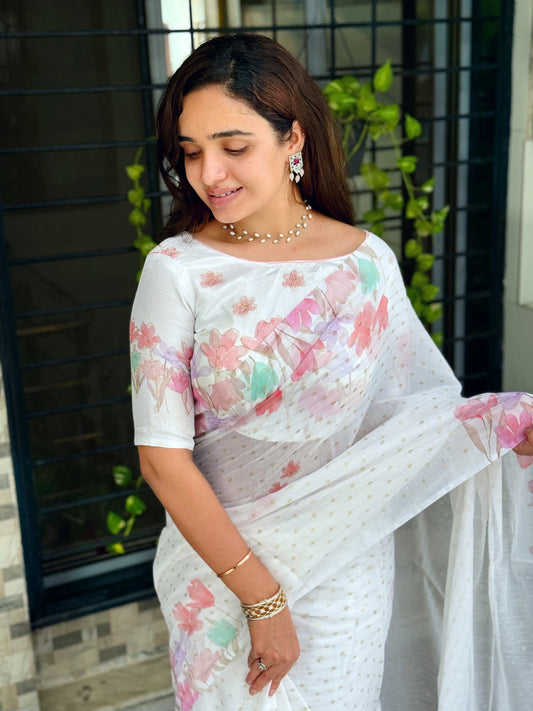 AnusCouture Sulochna - Armani Cotton Saree with Painting Print and All-Over Zari Work Anuscouture