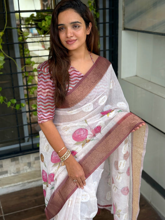 AnusCouture Rosa - Pure Cotton Jacquard Saree with Digital Print Anuscouture