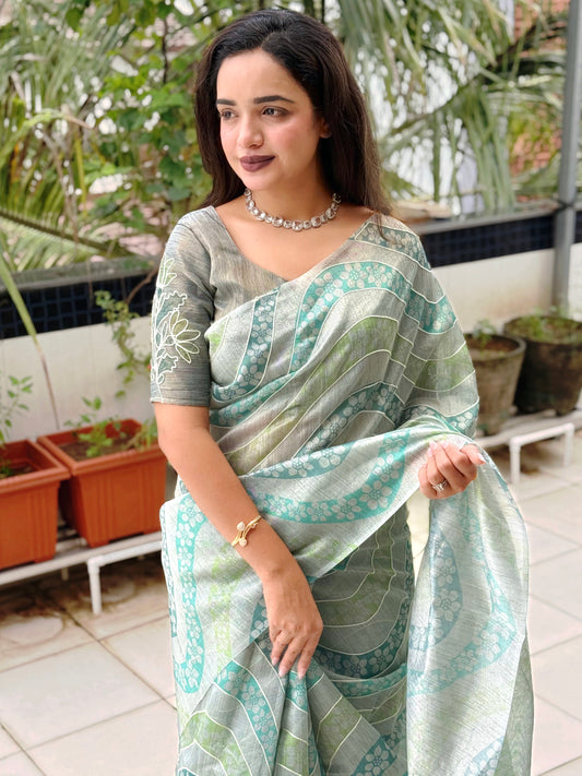 Anuscouture Nurvi - Linen Cotton Saree with Thread & Zari Detailing Anuscouture