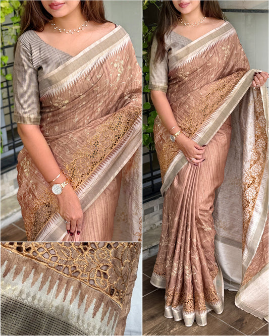 Anuscouture Wayanad - Tusser Cotton Saree with Dual Zari Border & Digital Print Anuscouture