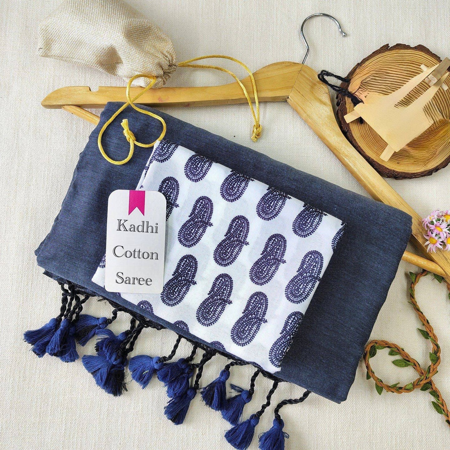 Dark Blue Khadi Cotton Saree with White print blouse