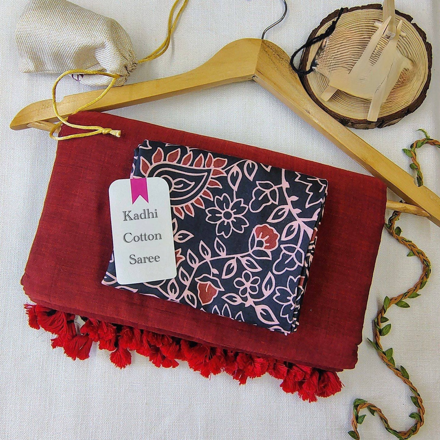 Red Khadi Cotton Saree with Floral Printed Blouse