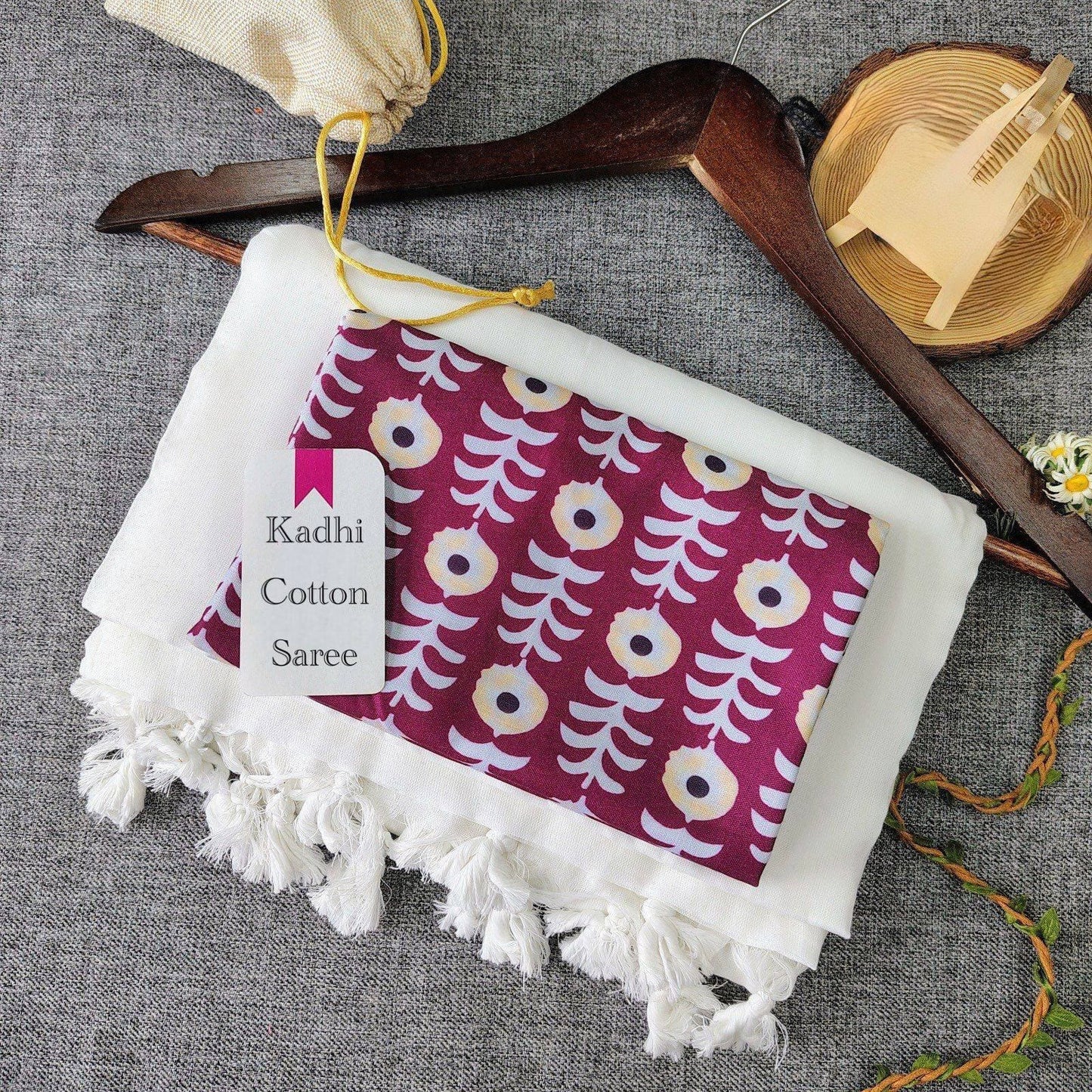 White Khadi Cotton Saree with Printed Blouse