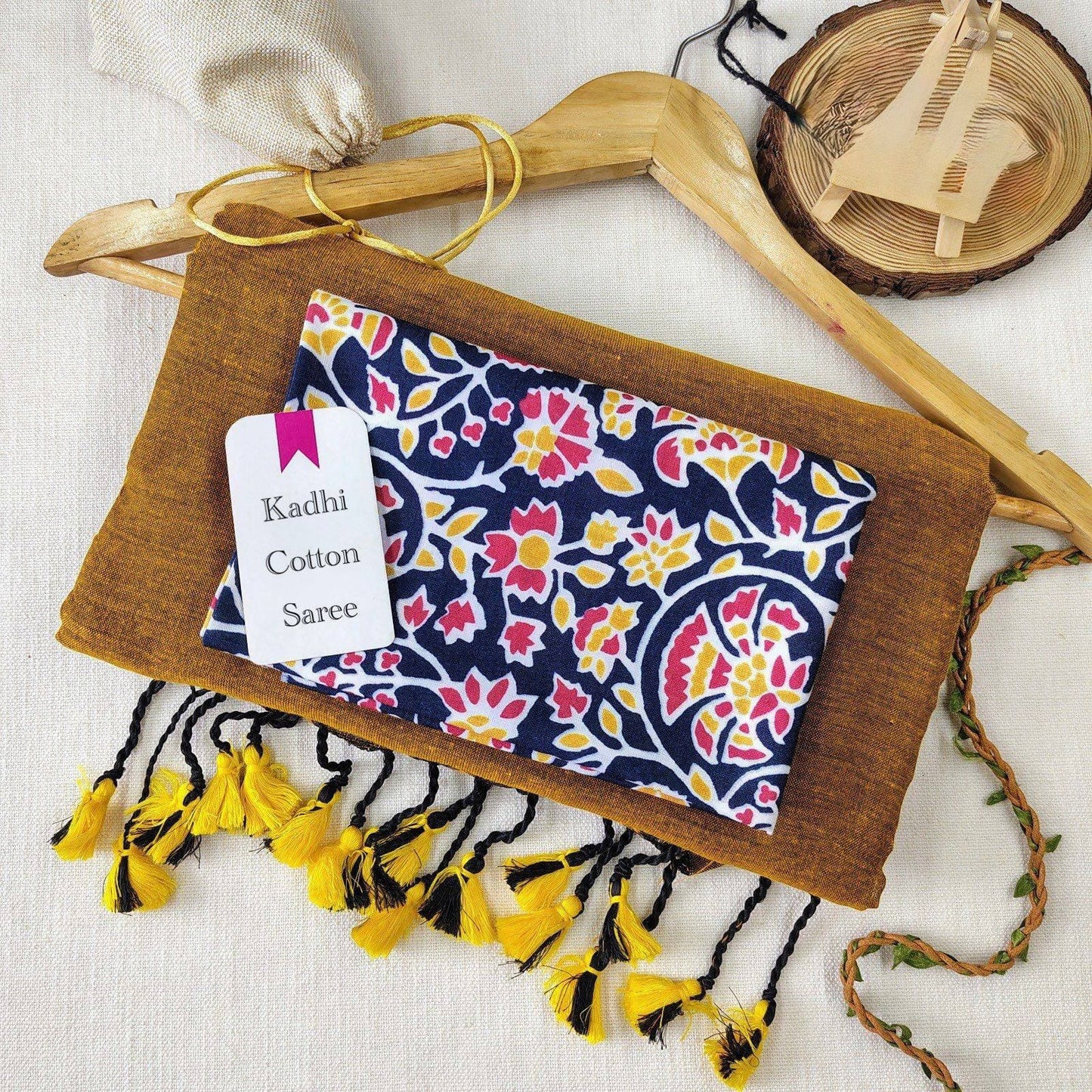 Mustard Khadi Cotton Saree with Floral Printed Blouse