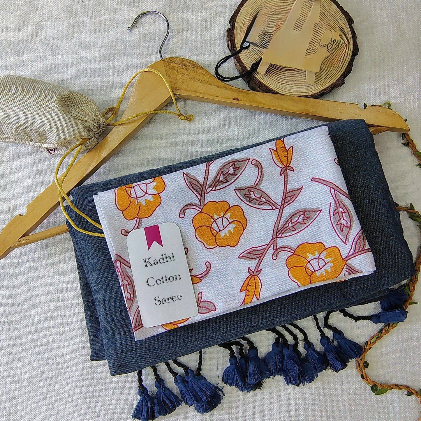 Navi blue Khadi Cotton Saree with Printed Blouse