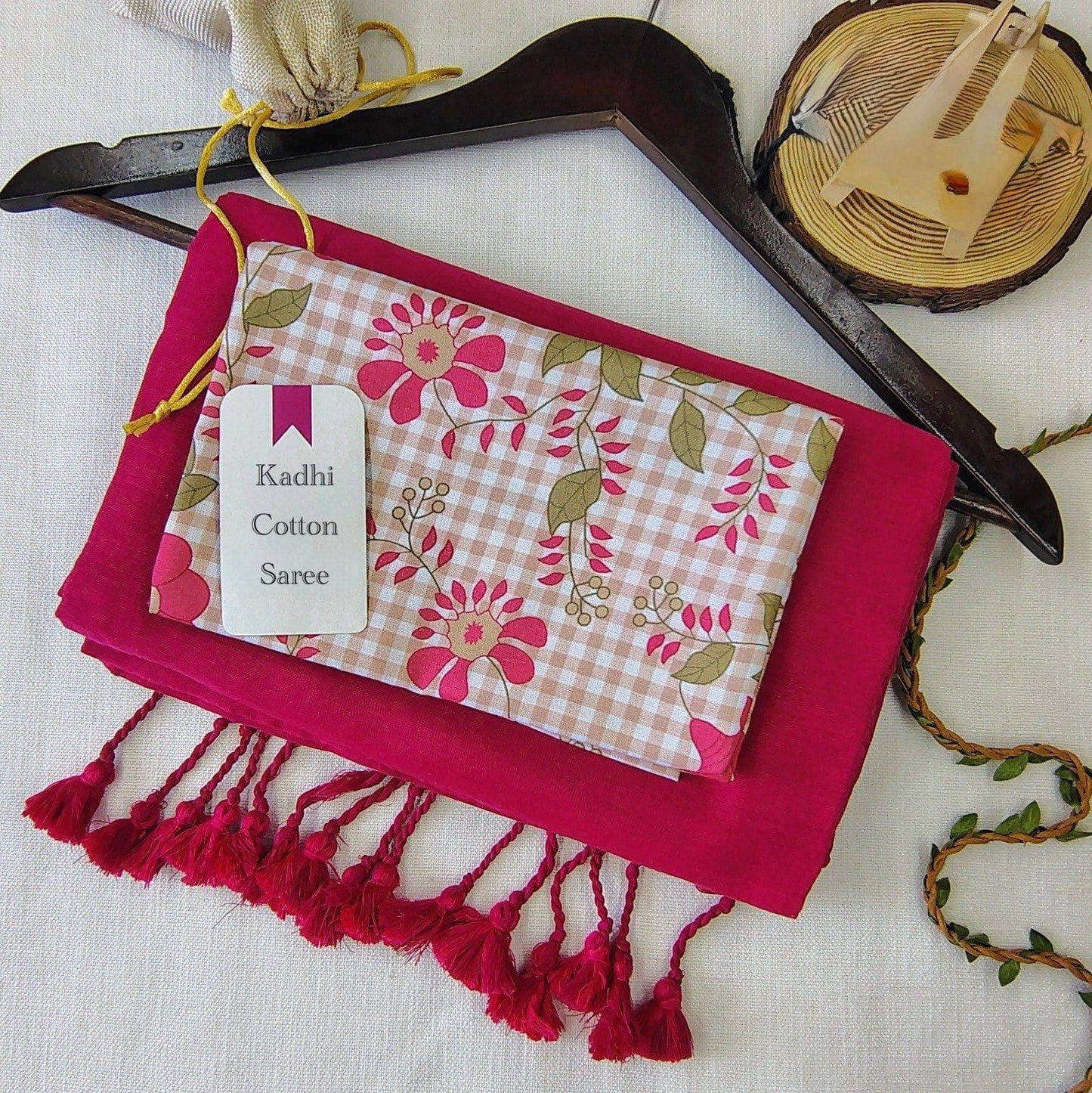 Magenta Khadi Cotton Saree with Floral Print Blouse