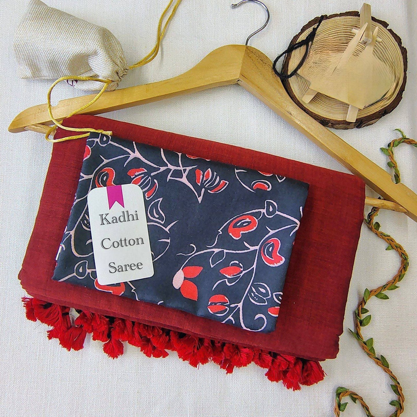 Red Khadi Cotton Saree with Blue Printed Blouse