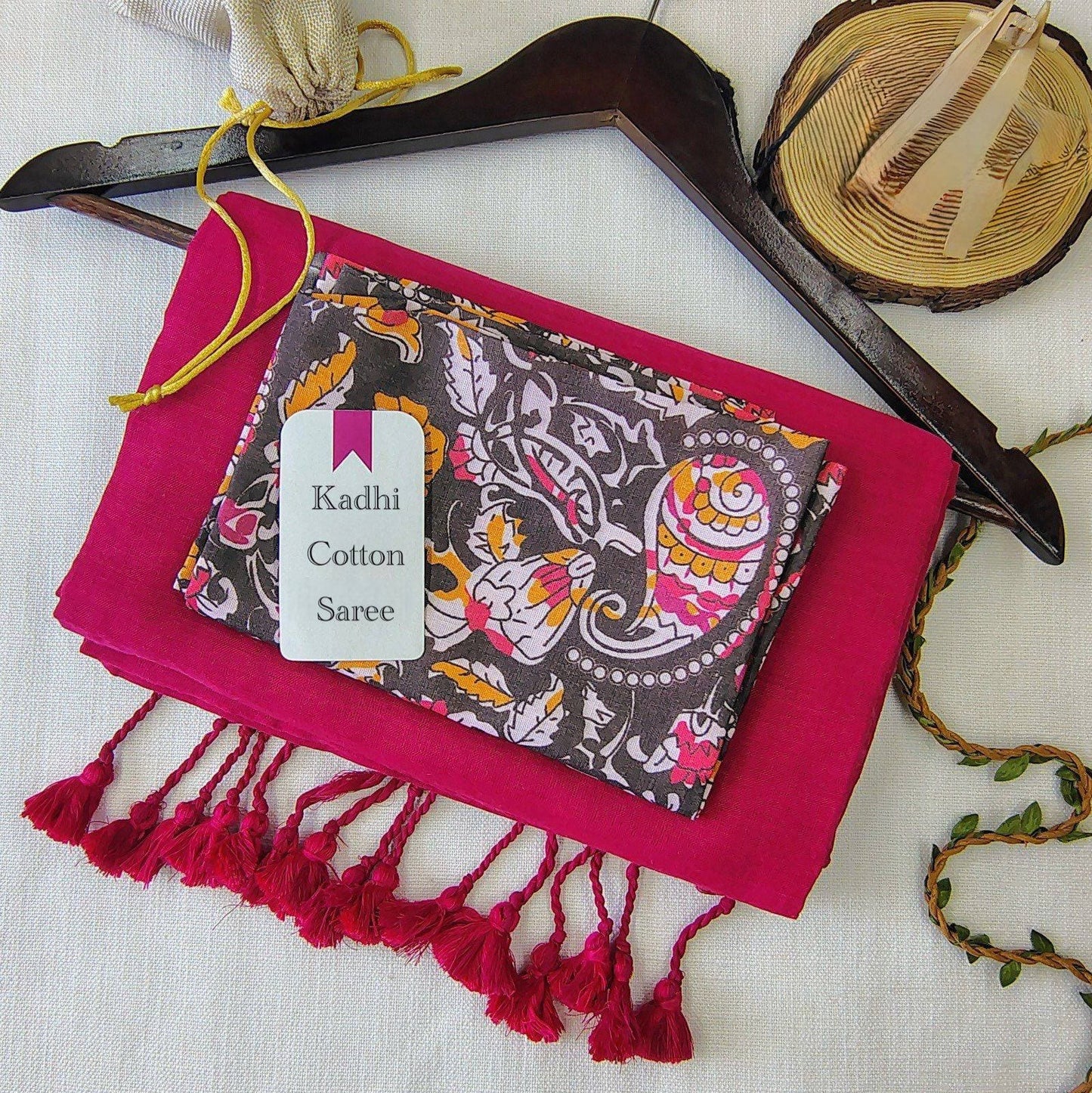 Magenta Pink Khadi cotton saree with Printed blouse