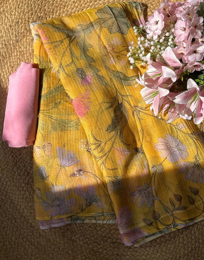 Kota chex Mustard Yellow Saree with Pink blouse