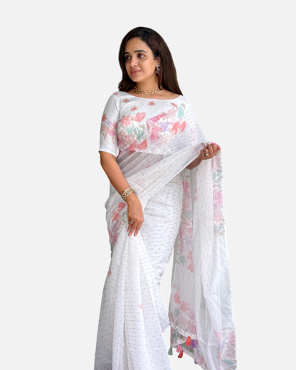 AnusCouture Sulochna - Armani Cotton Saree with Painting Print and All-Over Zari Work Anuscouture