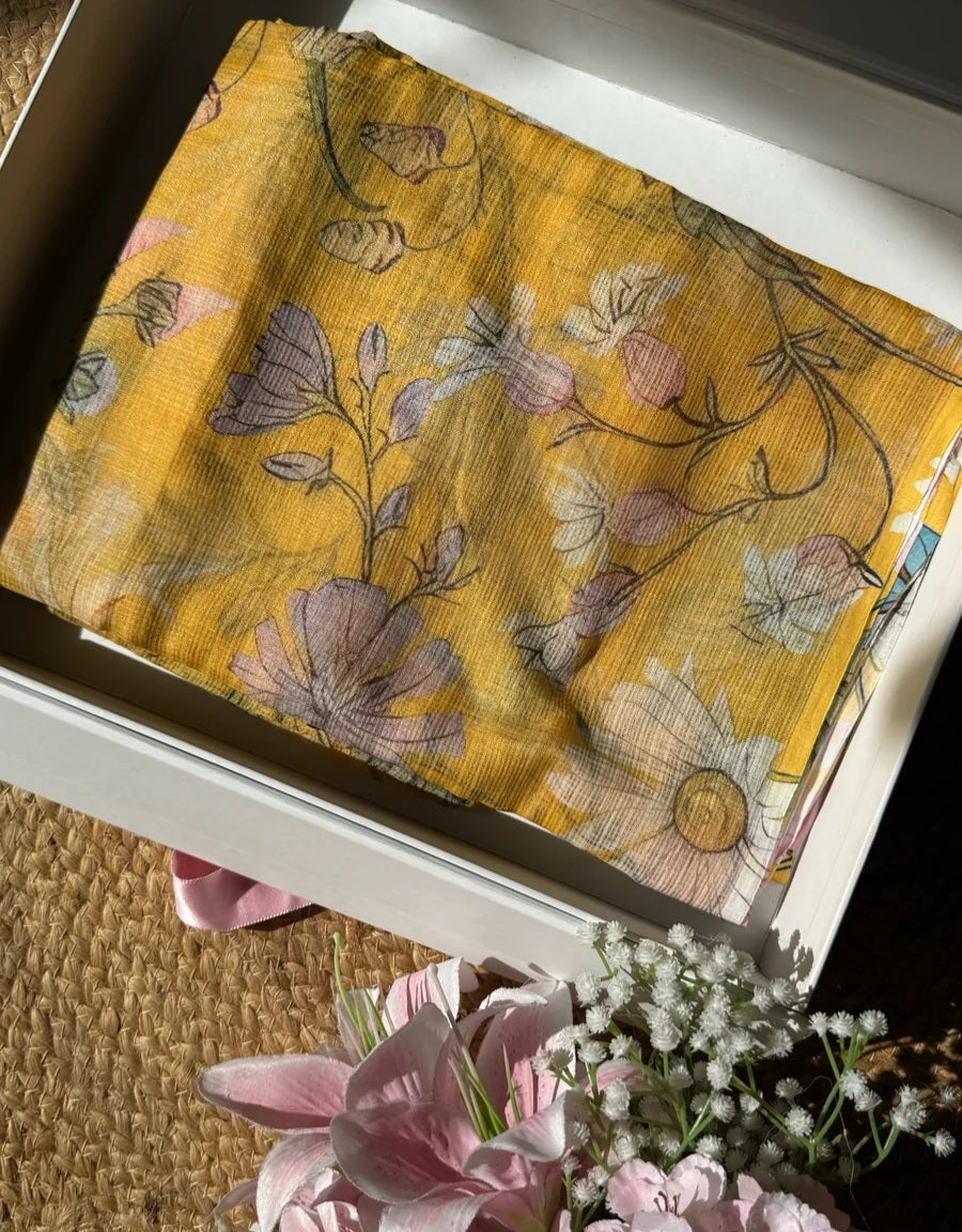 Kota chex Mustard Yellow Saree with Pink blouse