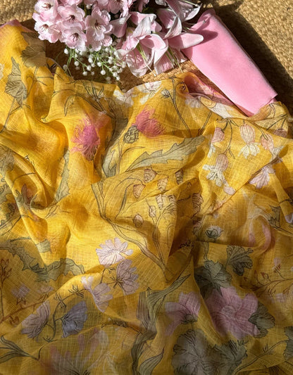 Kota chex Mustard Yellow Saree with Pink blouse