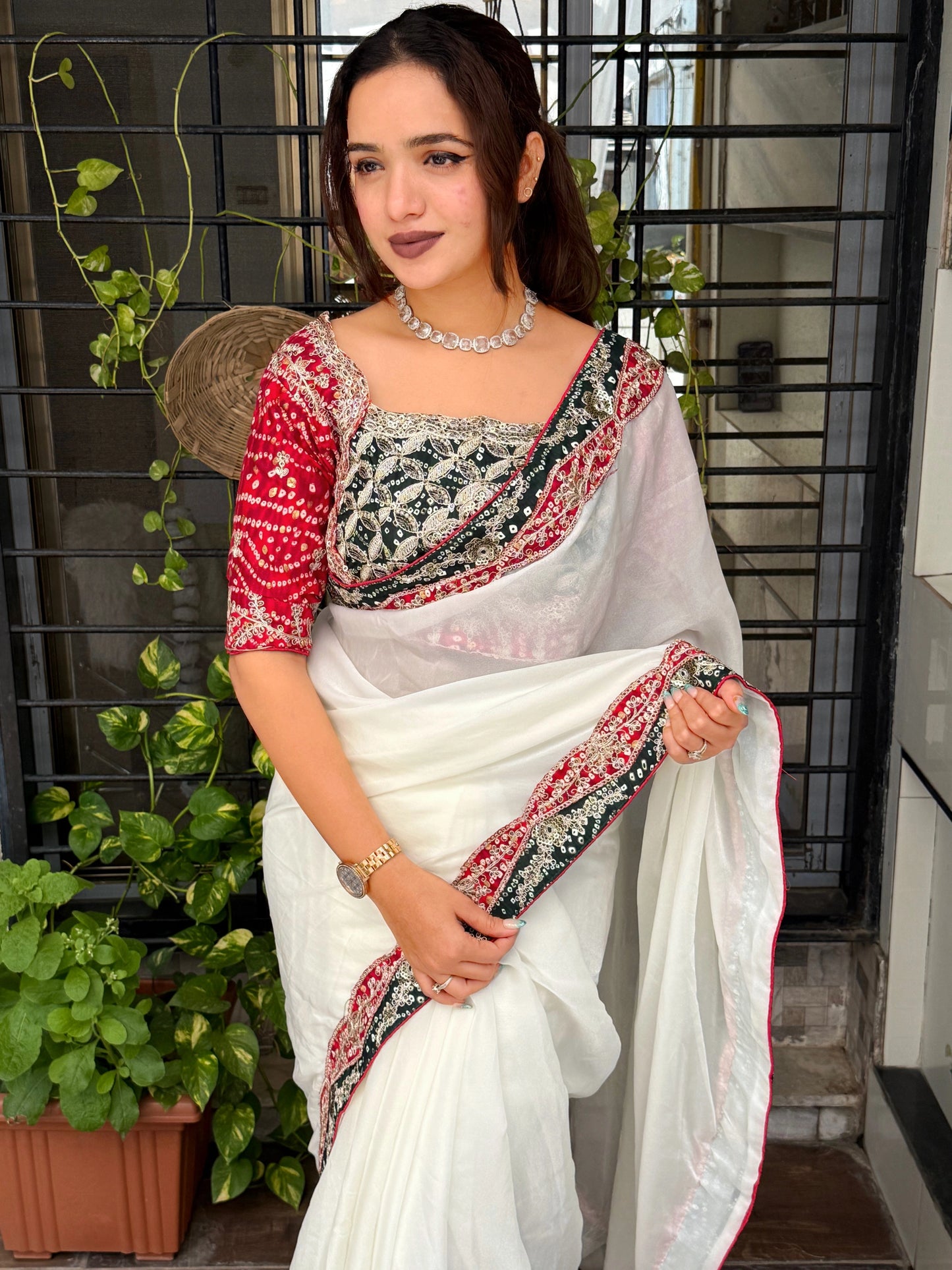 AC Panghat - Bandhani Designer Saree with Stitched Blouse & Zari Coading Work