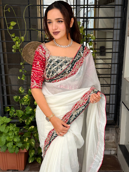AC Panghat - Bandhani Designer Saree with Stitched Blouse & Zari Coading Work