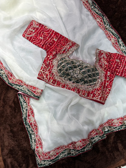 AC Panghat - Bandhani Designer Saree with Stitched Blouse & Zari Coading Work