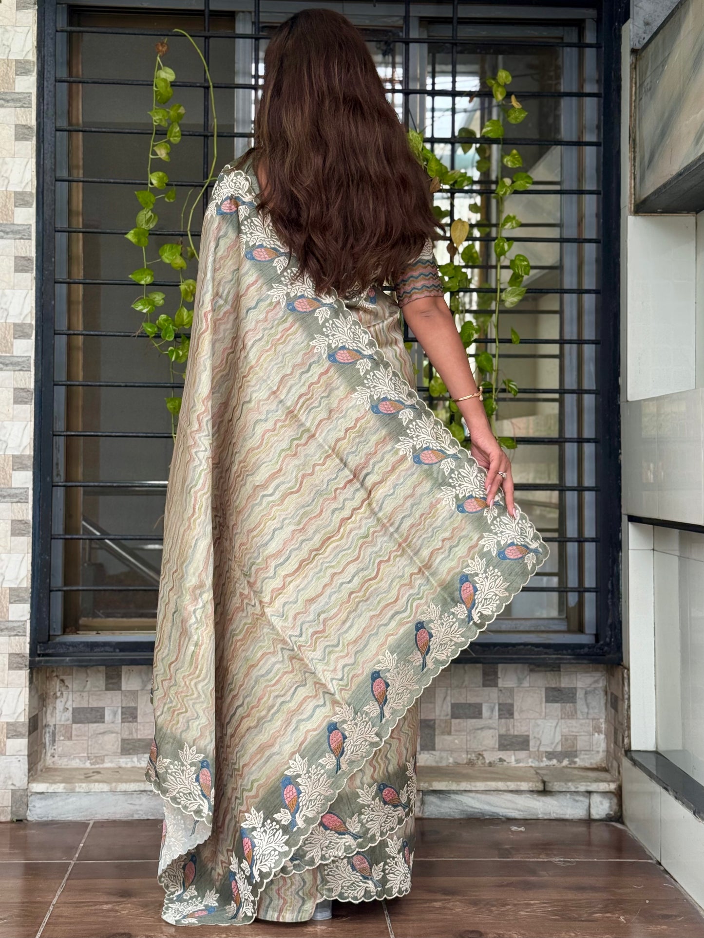 Anuscouture Ruhaani - Tusser Silk Digital Print Saree with Fine Embroidery Anuscouture