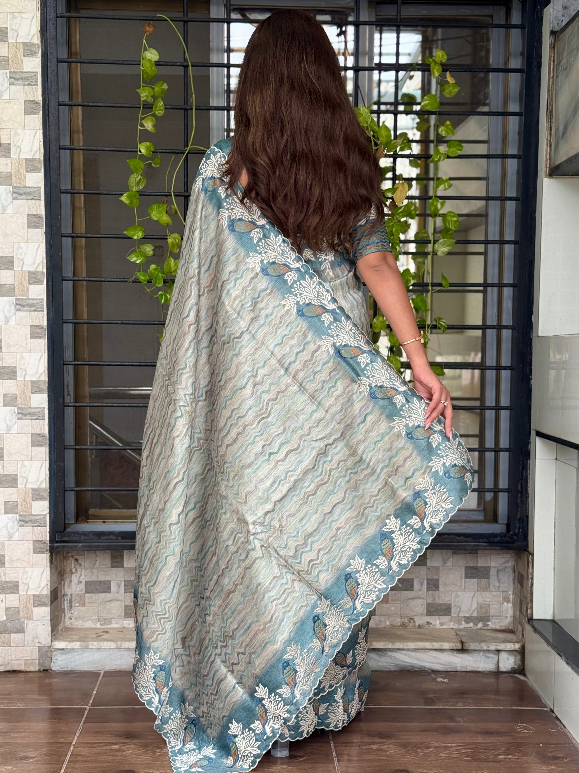 Anuscouture Ruhaani - Tusser Silk Digital Print Saree with Fine Embroidery Anuscouture