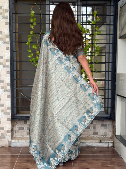 Anuscouture Ruhaani - Tusser Silk Digital Print Saree with Fine Embroidery Anuscouture