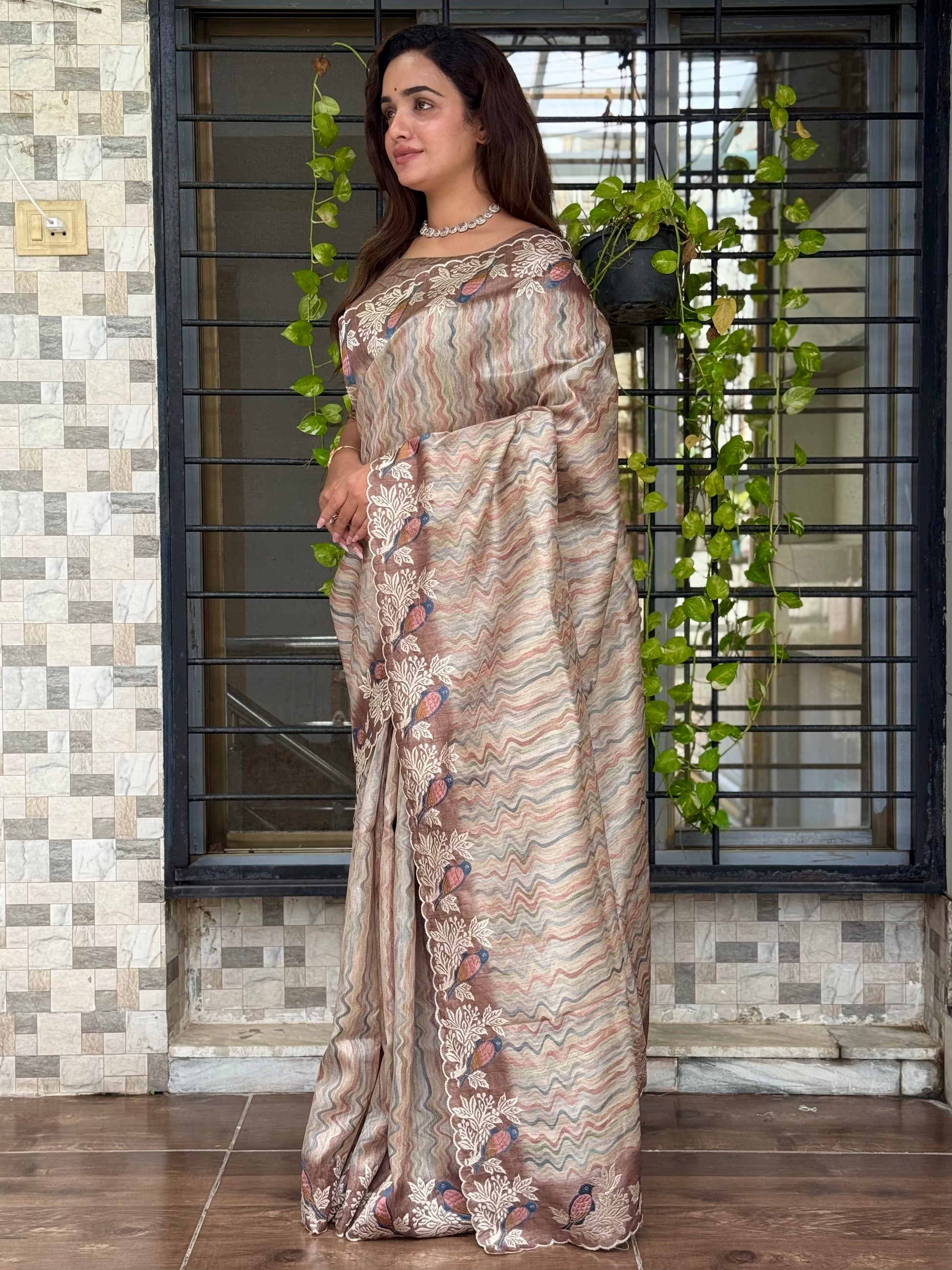 Anuscouture Ruhaani - Tusser Silk Digital Print Saree with Fine Embroidery Anuscouture