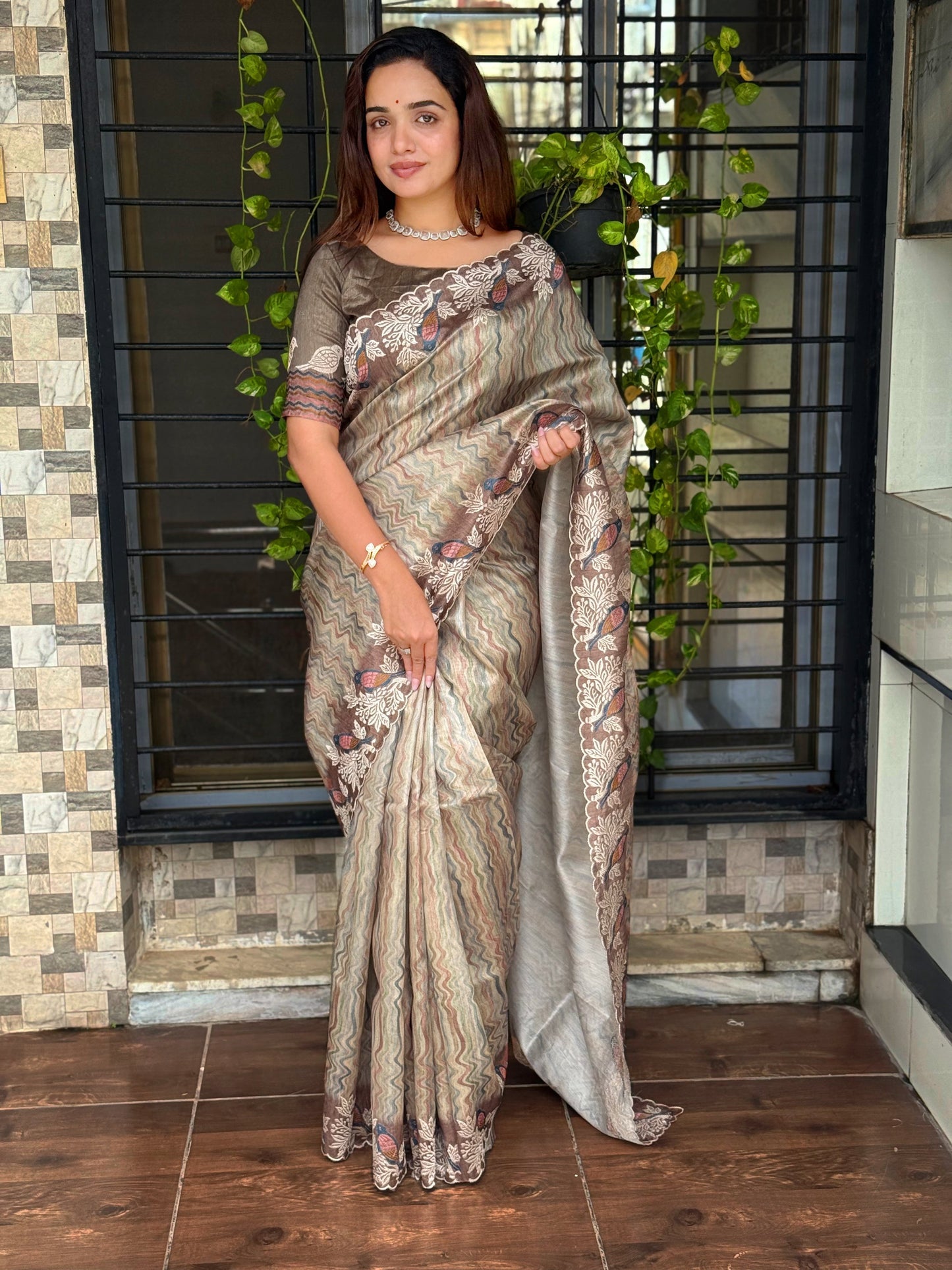 Anuscouture Ruhaani - Tusser Silk Digital Print Saree with Fine Embroidery Anuscouture