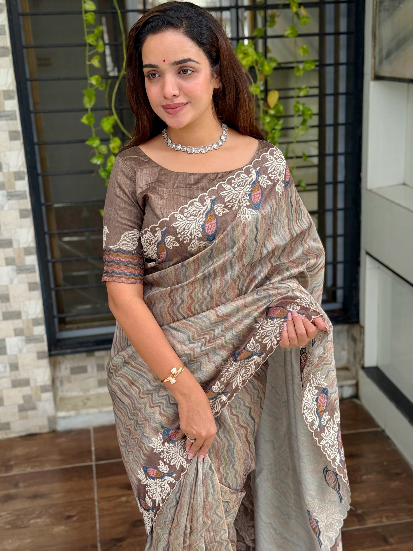 Anuscouture Ruhaani - Tusser Silk Digital Print Saree with Fine Embroidery Anuscouture