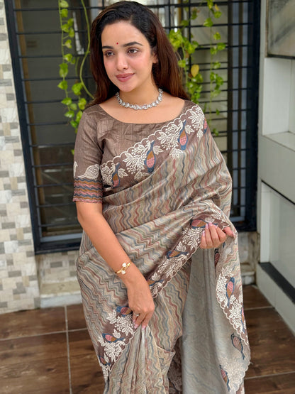 Anuscouture Ruhaani - Tusser Silk Digital Print Saree with Fine Embroidery Anuscouture