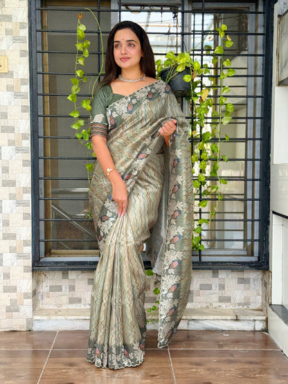 Anuscouture Ruhaani - Tusser Silk Digital Print Saree with Fine Embroidery Anuscouture