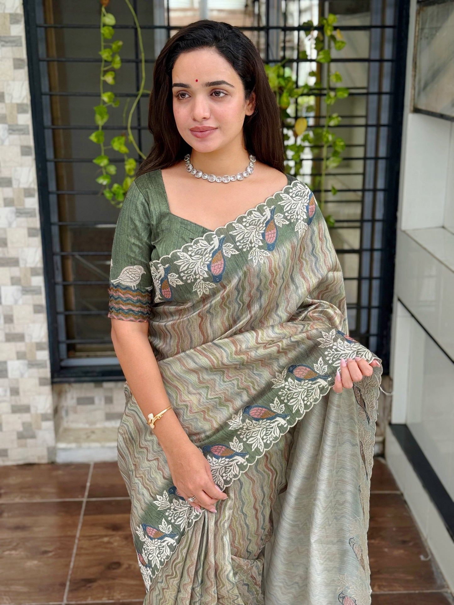 Anuscouture Ruhaani - Tusser Silk Digital Print Saree with Fine Embroidery Anuscouture