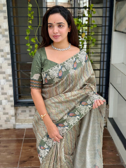 Anuscouture Ruhaani - Tusser Silk Digital Print Saree with Fine Embroidery Anuscouture