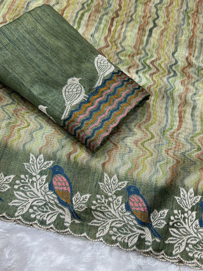 Anuscouture Ruhaani - Tusser Silk Digital Print Saree with Fine Embroidery Anuscouture