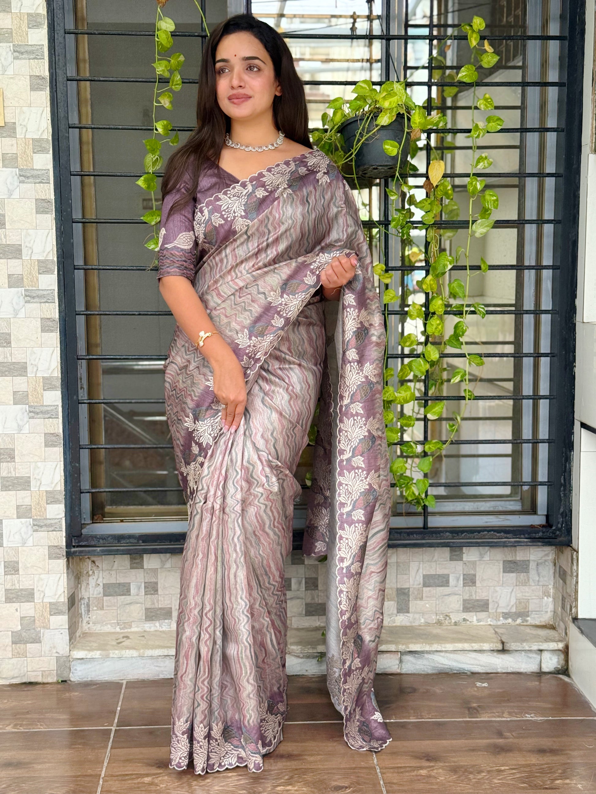 Anuscouture Ruhaani - Tusser Silk Digital Print Saree with Fine Embroidery Anuscouture