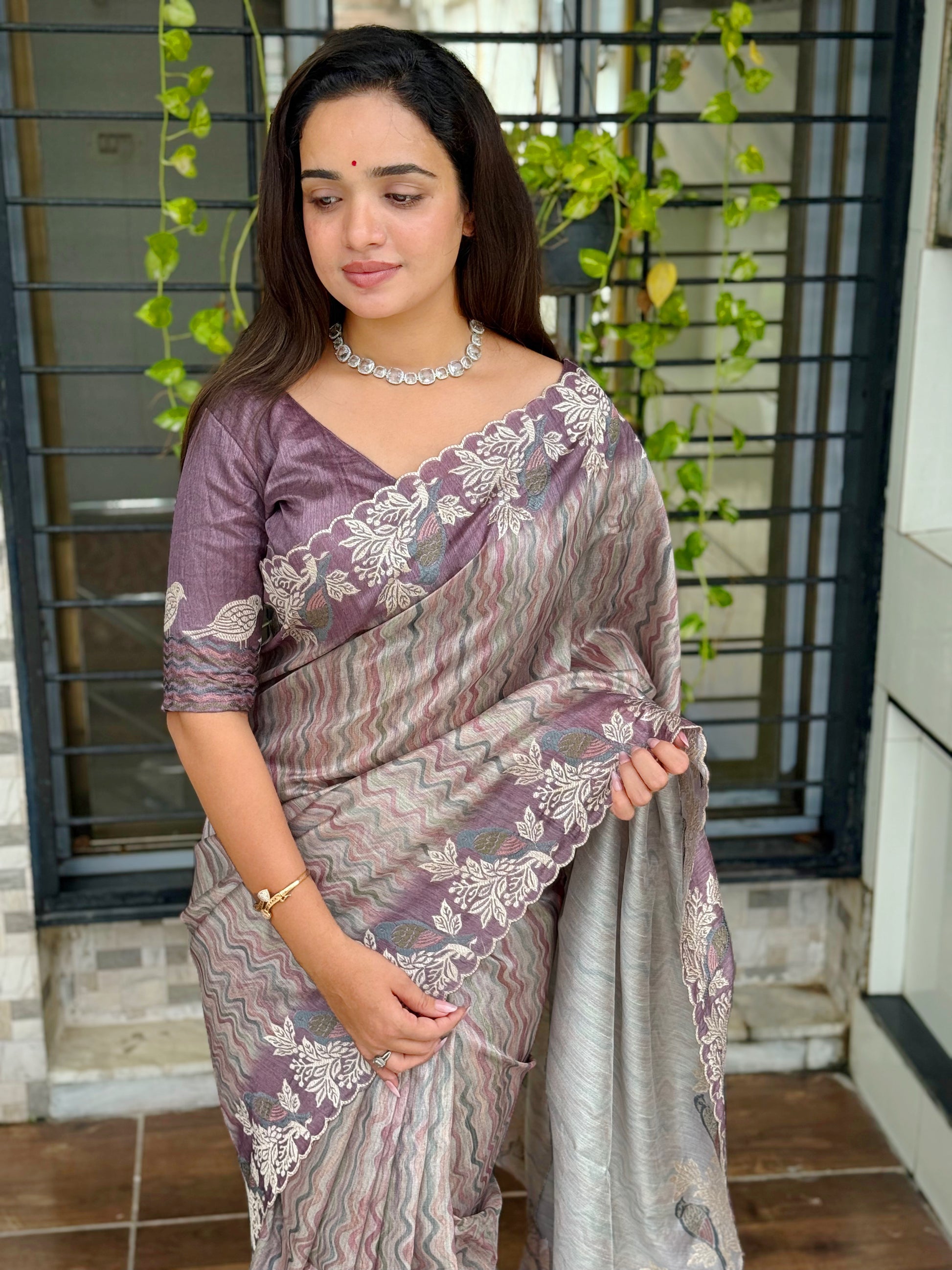 Anuscouture Ruhaani - Tusser Silk Digital Print Saree with Fine Embroidery Anuscouture