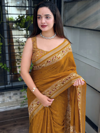 Anuscouture Neno banana - Ajrakh Printed Pure Mul Cotton Saree Anuscouture