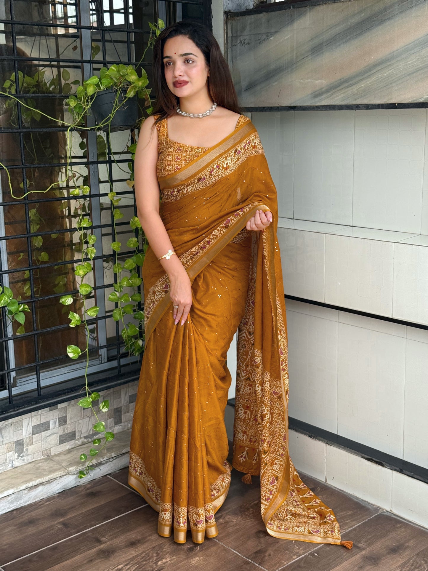 Anuscouture Neno banana - Ajrakh Printed Pure Mul Cotton Saree Anuscouture