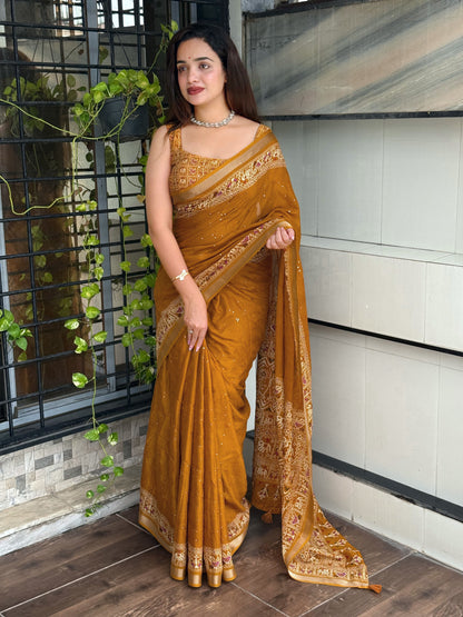 Anuscouture Neno banana - Ajrakh Printed Pure Mul Cotton Saree Anuscouture