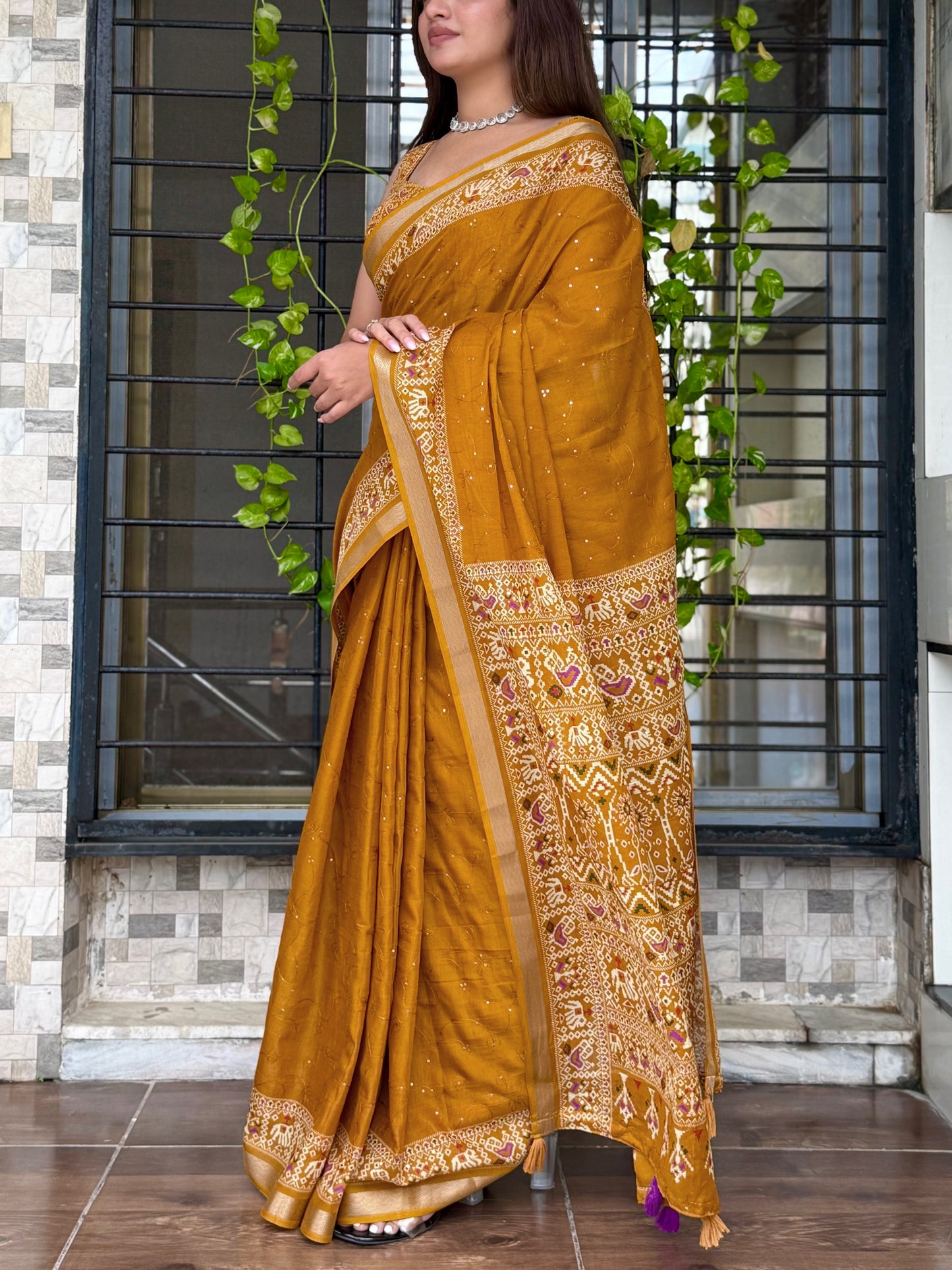 Anuscouture Neno banana - Ajrakh Printed Pure Mul Cotton Saree Anuscouture