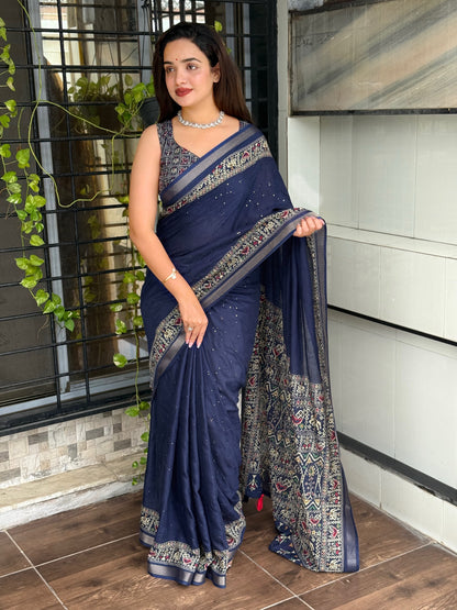 Anuscouture Neno banana - Ajrakh Printed Pure Mul Cotton Saree Anuscouture