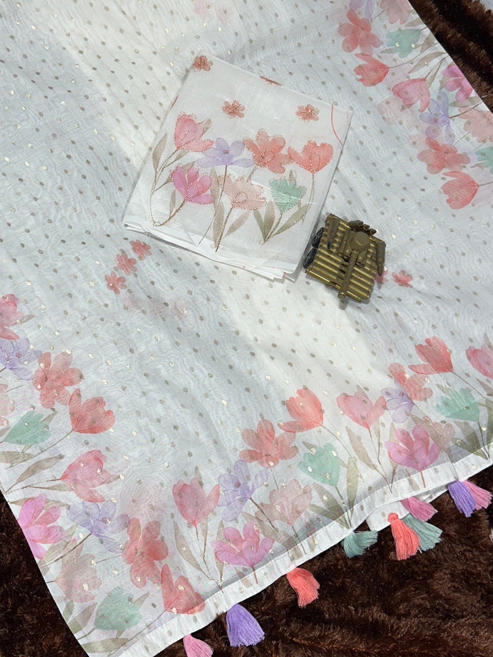 AnusCouture Sulochna - Armani Cotton Saree with Painting Print and All-Over Zari Work Anuscouture