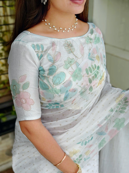 AnusCouture Sulochna - Armani Cotton Saree with Painting Print and All-Over Zari Work Anuscouture