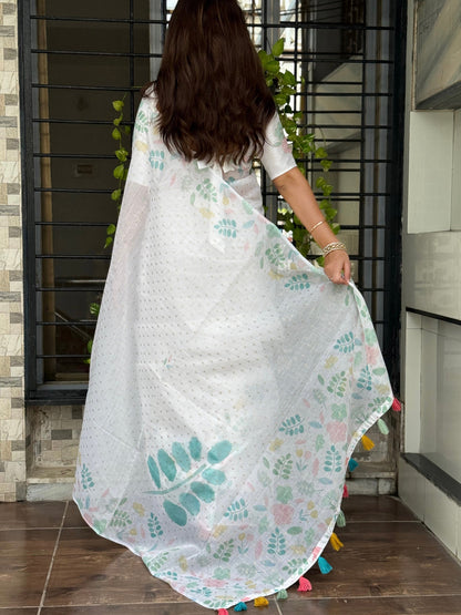 AnusCouture Sulochna - Armani Cotton Saree with Painting Print and All-Over Zari Work Anuscouture