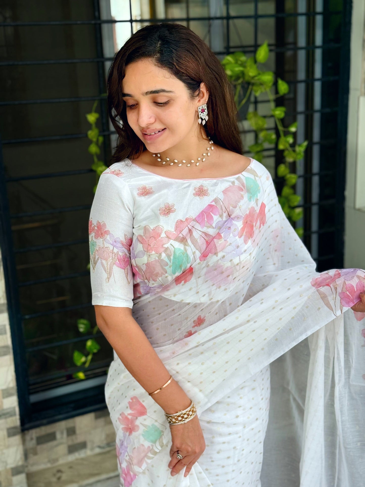 AnusCouture Sulochna - Armani Cotton Saree with Painting Print and All-Over Zari Work Anuscouture