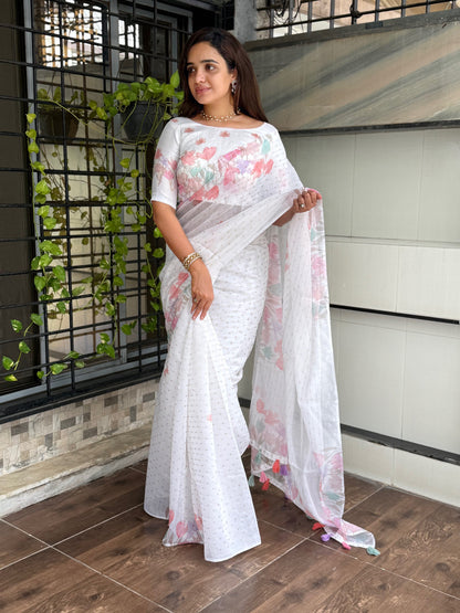 AnusCouture Sulochna - Armani Cotton Saree with Painting Print and All-Over Zari Work Anuscouture