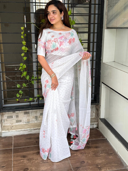 AnusCouture Sulochna - Armani Cotton Saree with Painting Print and All-Over Zari Work Anuscouture