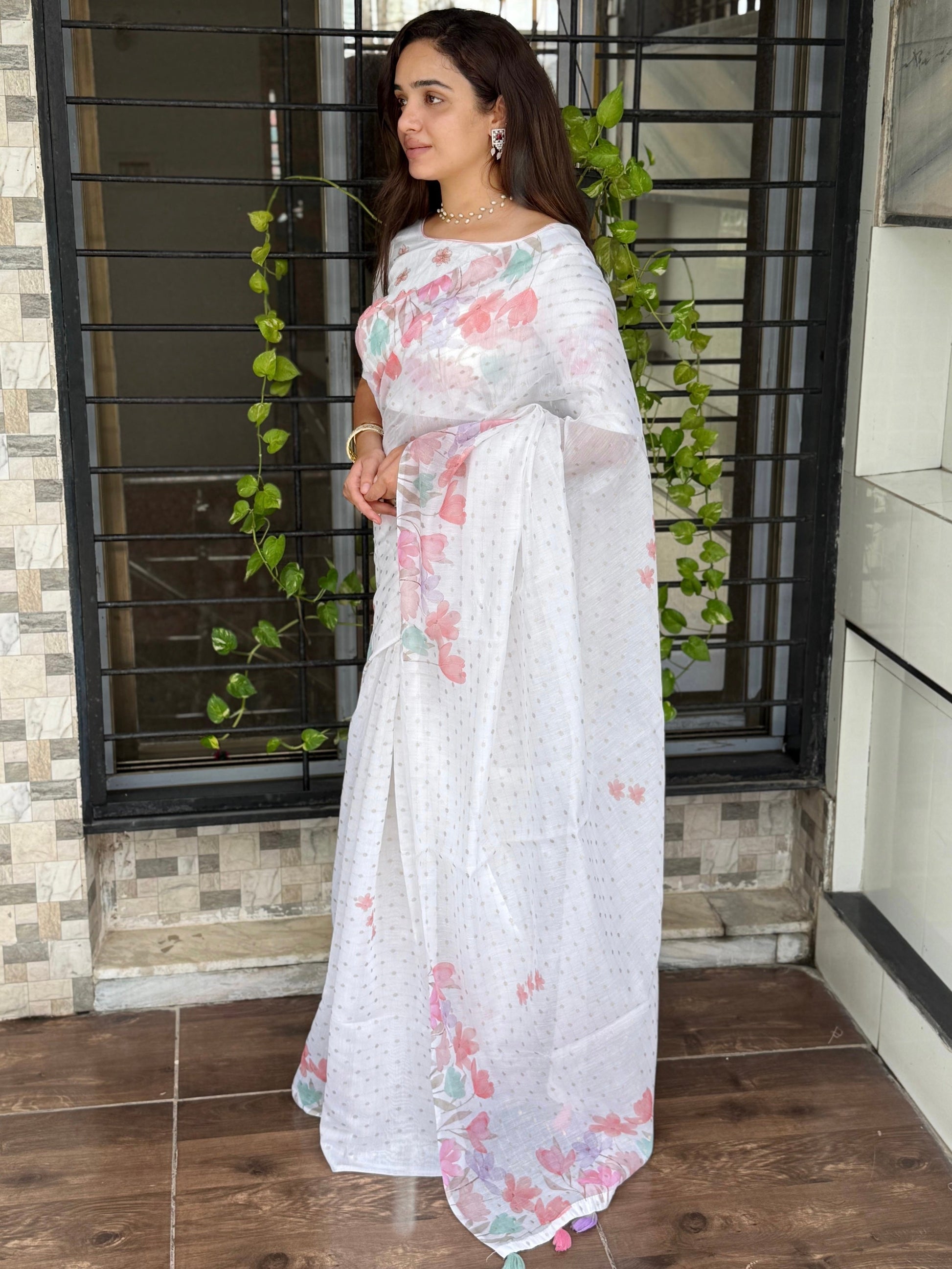 AnusCouture Sulochna - Armani Cotton Saree with Painting Print and All-Over Zari Work Anuscouture