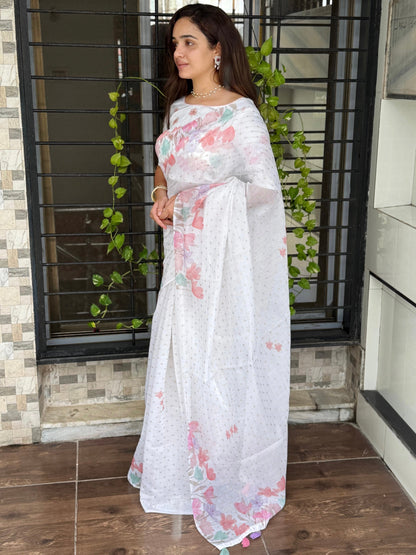 AnusCouture Sulochna - Armani Cotton Saree with Painting Print and All-Over Zari Work Anuscouture