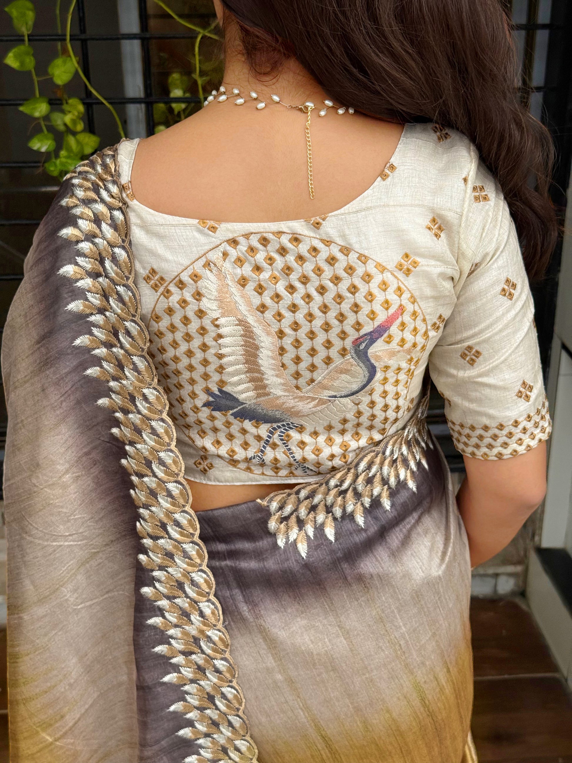 Anuscouture Flamingo - Digital Print Silk Saree with Kashmiri Embroidery Anuscouture