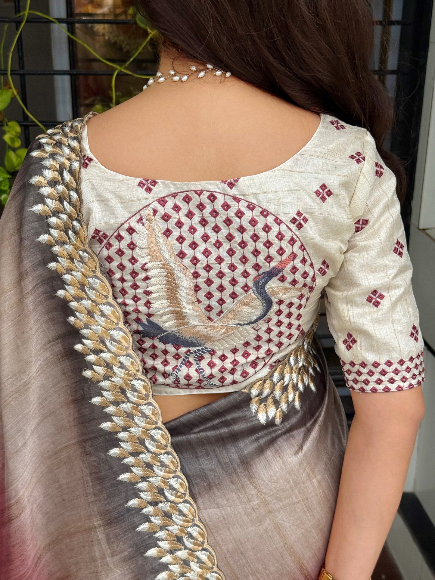 Anuscouture Flamingo - Digital Print Silk Saree with Kashmiri Embroidery Anuscouture