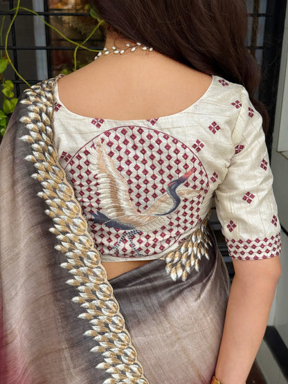 Anuscouture Flamingo - Digital Print Silk Saree with Kashmiri Embroidery Anuscouture