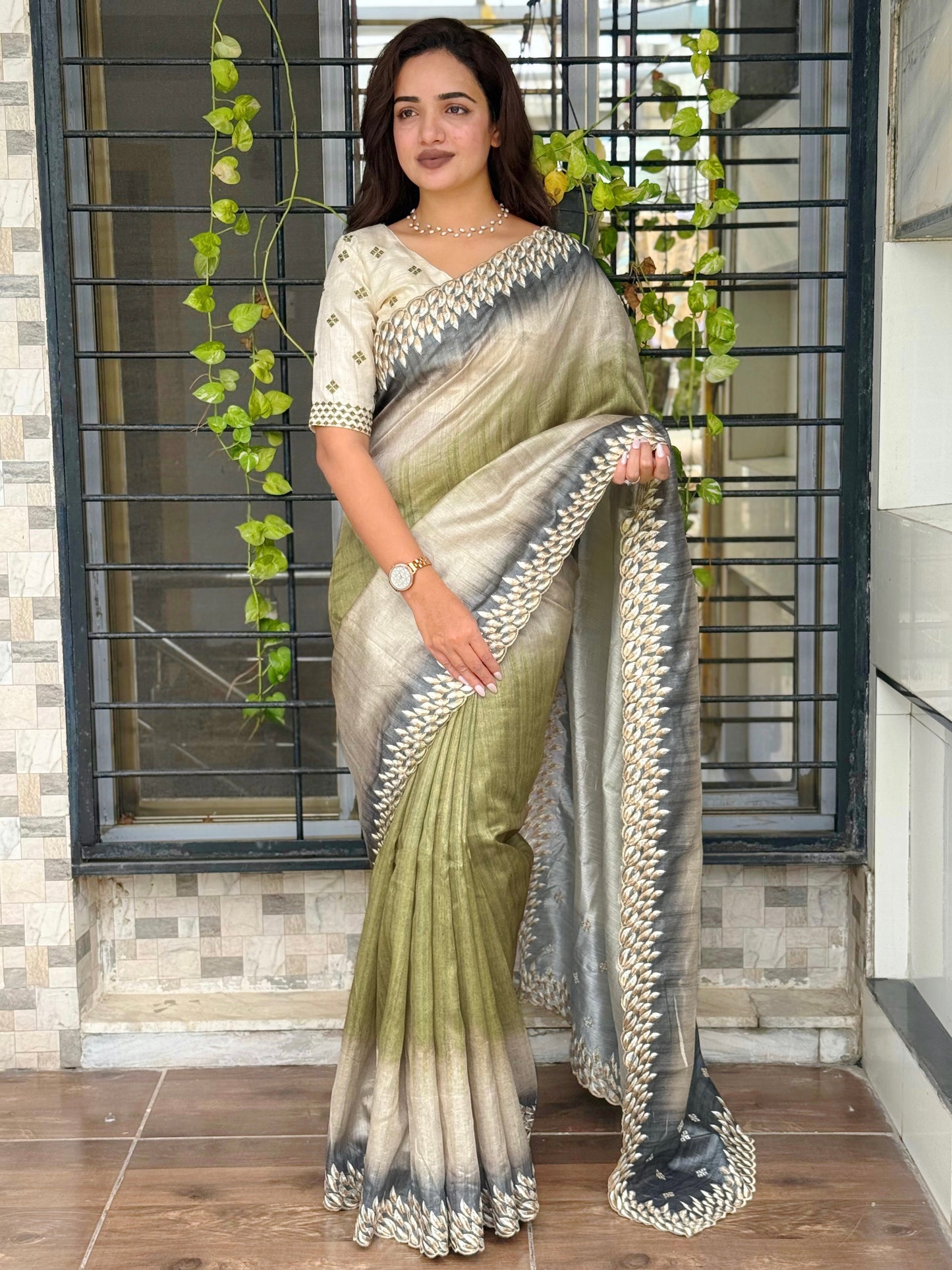 Anuscouture Flamingo - Digital Print Silk Saree with Kashmiri Embroidery Anuscouture