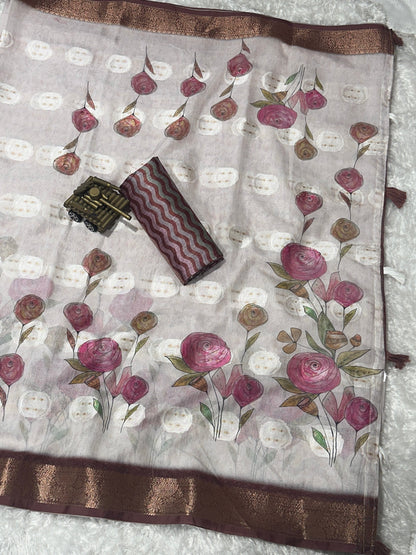 AnusCouture Rosa - Pure Cotton Jacquard Saree with Digital Print Anuscouture